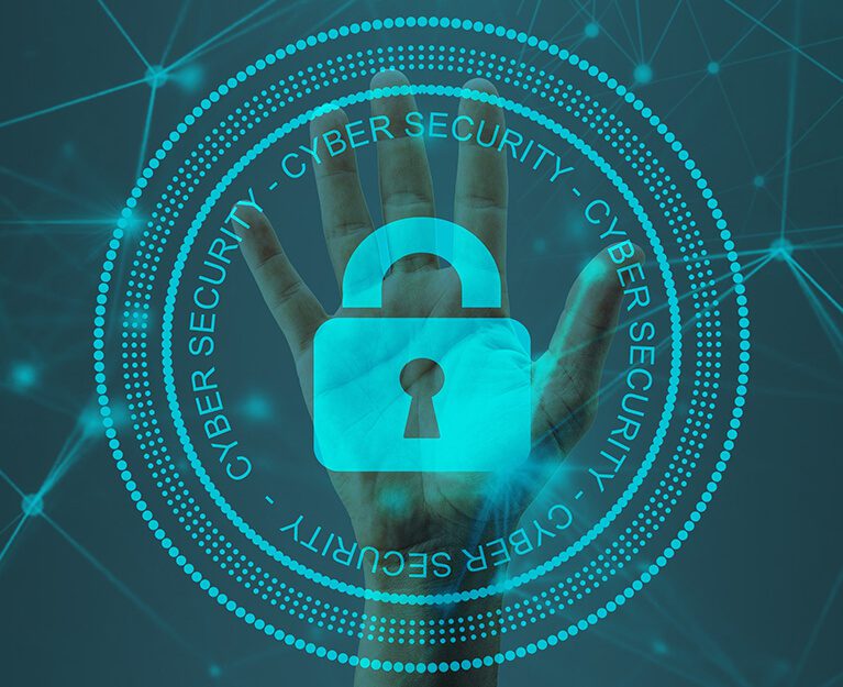 A hand with a lock on it and the words cybersecurity, cyber security, and cybersecurity.